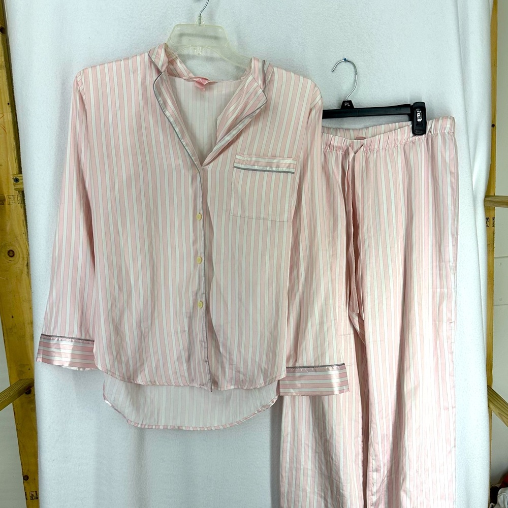 Victoriaβs Secret Glazed Satin Long Pajama Setβ Striped Medium Pink